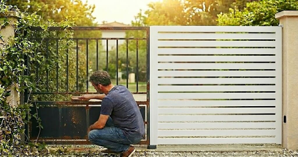 Solution rénovation : habillage PVC sur portail fer pour une entrée moderne et sans entretien.