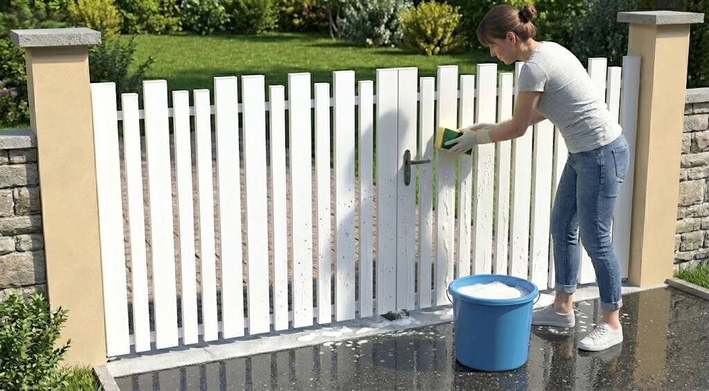 Démonstration d'un nettoyage doux et efficace sur un élégant portail en PVC blanc aux lames verticales. Une personne utilise une simple éponge et de l'eau savonneuse pour raviver la blancheur du portail sans l'abîmer, illustrant la simplicité d'entretien et la durabilité de ce matériau.