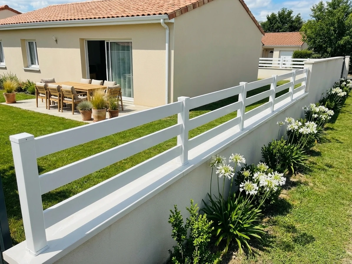 clôture blanche en PVC sur un muret dans un jardin fleuri