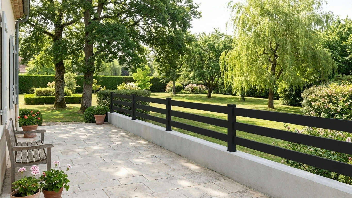 clôture très ajourée prés d'une terrasse avec une vue sur un grand terrain arboré