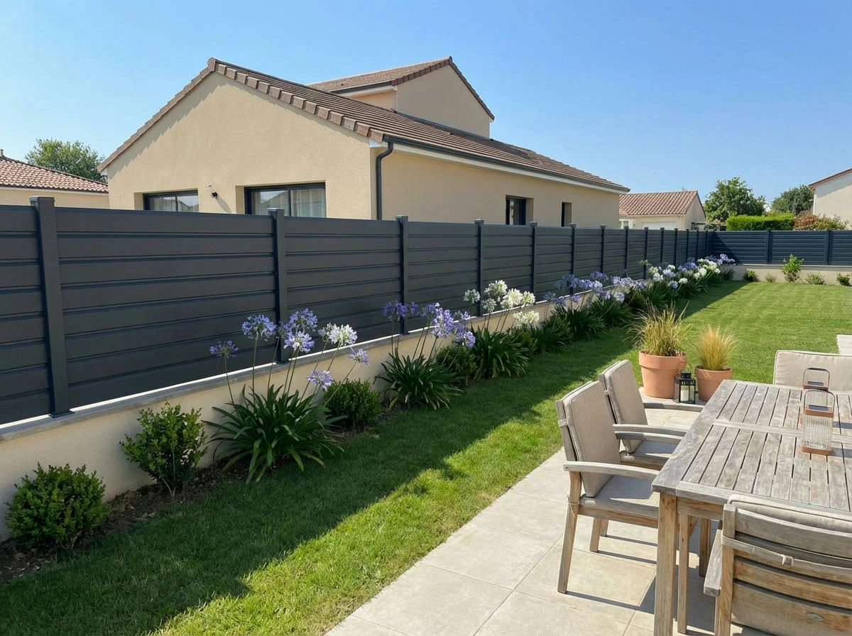 clôture persienne tendance installée autour du jardin d'une maison neuve