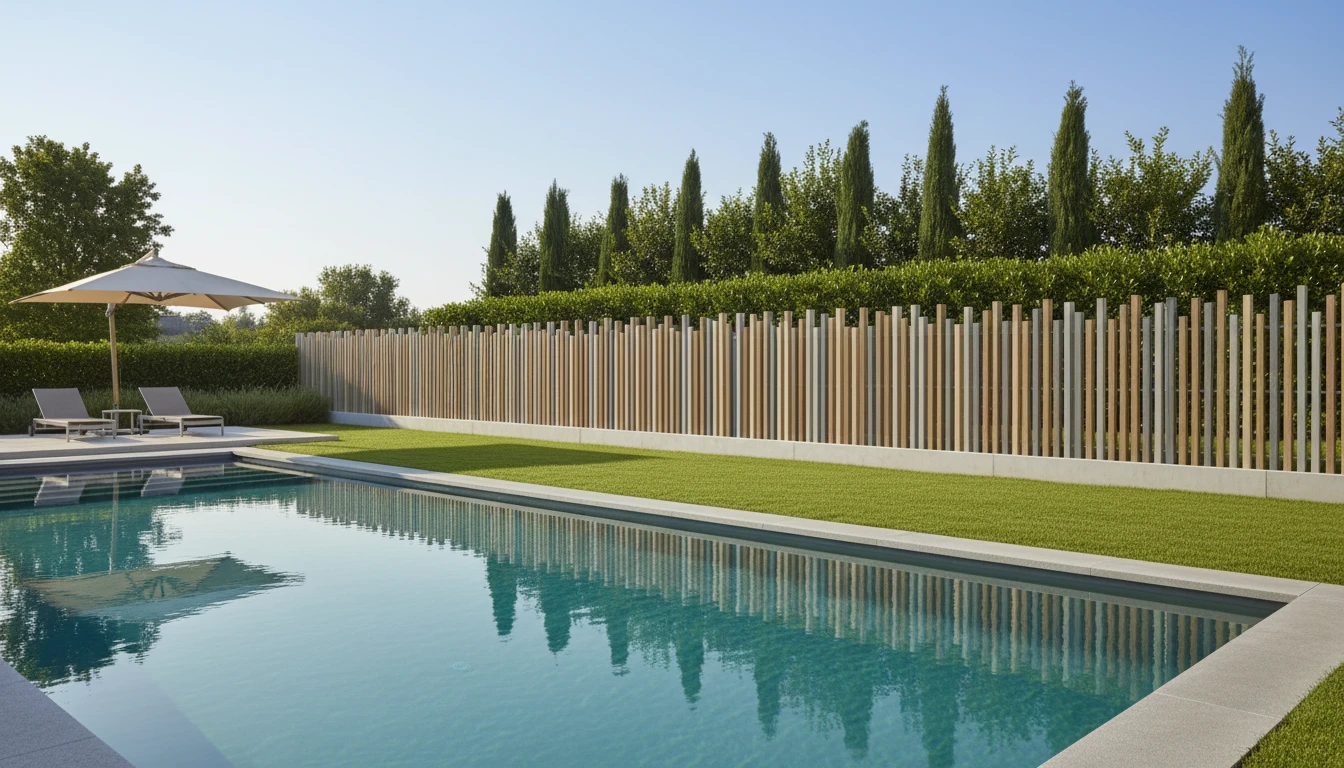 clôture ajourée posée sur un muret béton le long d'une piscine