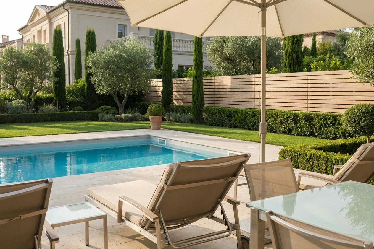 Clôture imitation bois installée près d'une piscine