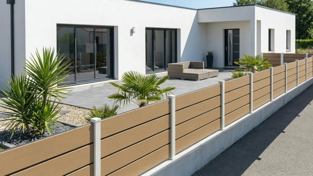 Clôture composite sable posée sur un muret avec couvertine autour d'une maison neuve