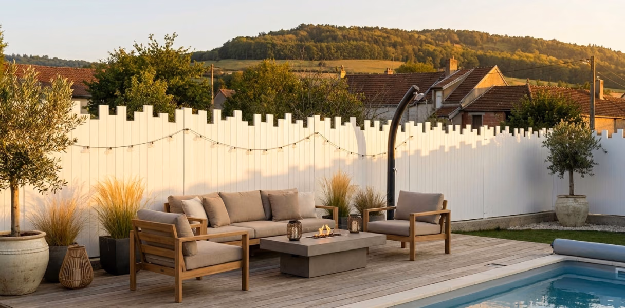 Clôture PVC blanche autour d’une terrasse