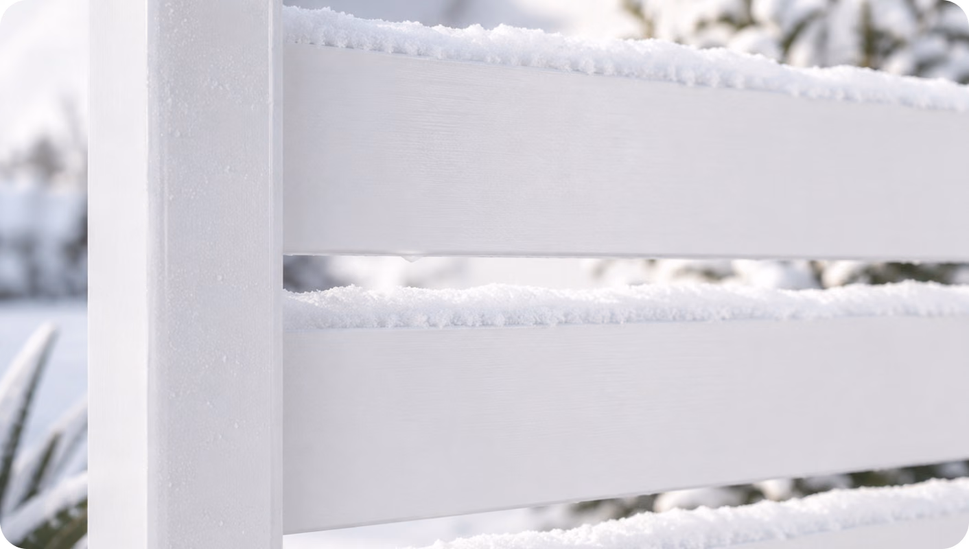 Lames de clôture PVC blanches sous le givre